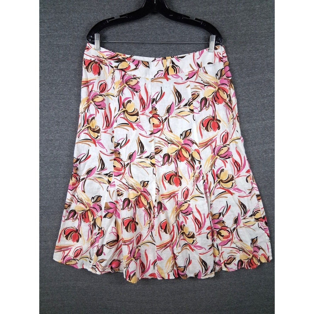 JM Collection Womens Skirt 14 White Pink Floral 100% Linen Flare Coastal Classic